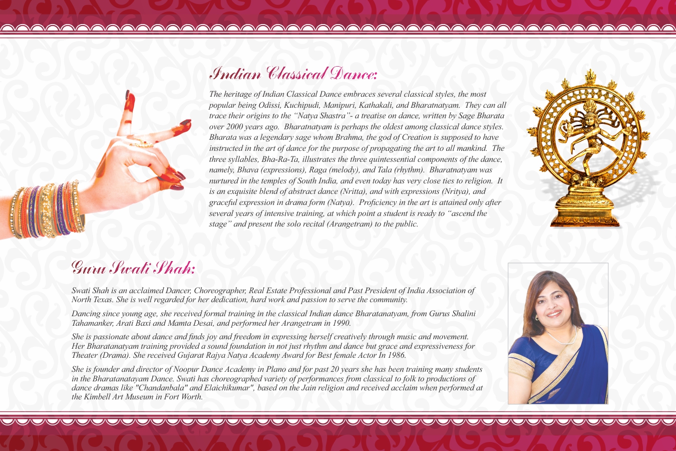 Historical Noopur program describing Indian classical dance and Swati Shah's Bharatanatyam training